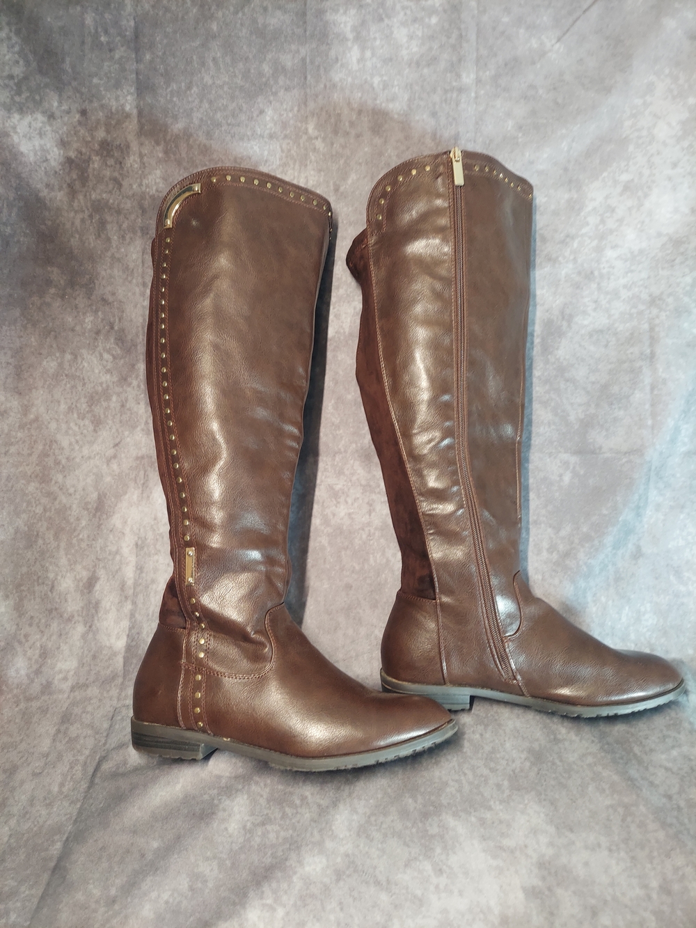 Ashley Stewart Boots 9W Brown Leather Suede Gold Studded Leopard Tall Wide Calf